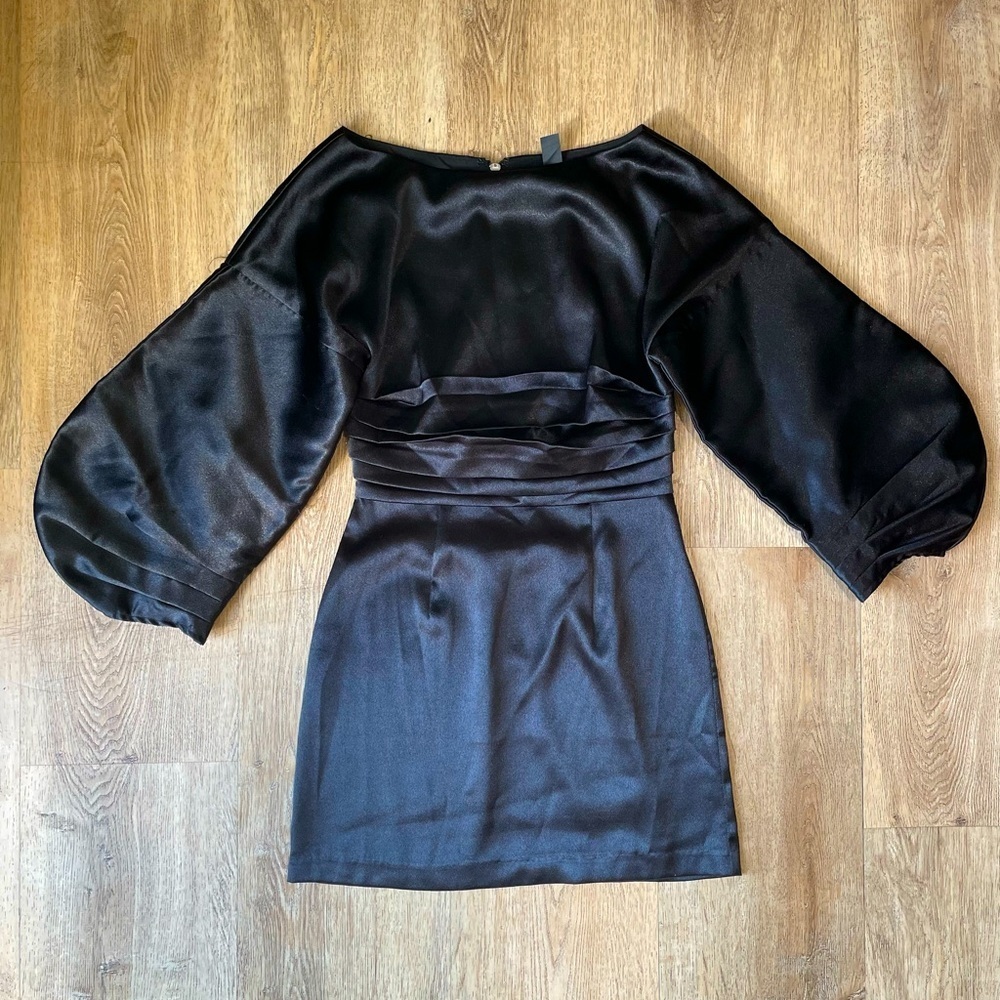 h:ours Black Satin Puff Sleeve Mini Dress Size S Balloon Sleeve Party Cocktail